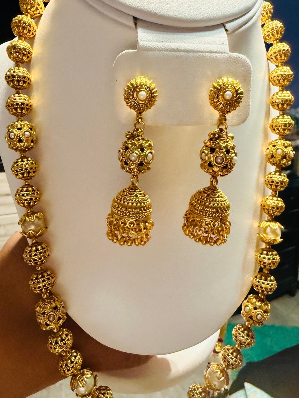 BRAND NEW Long Antique Gold Matar Mala Necklace - Pearl Ball Mala - Long Jhumka